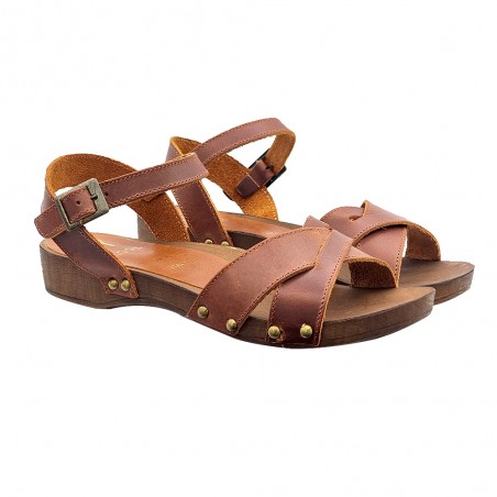 LOW SANDAL WITH CROSSED LEATHER BANDS AND STRAP