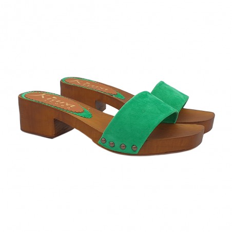 LOW CLOGS WITH GREEN SUEDE UPPER