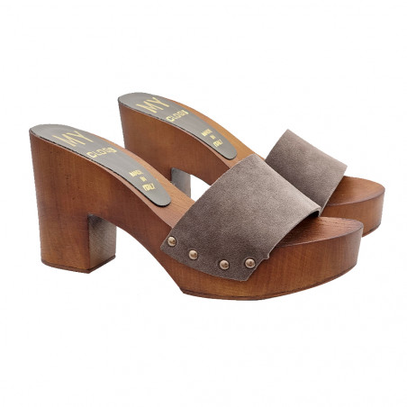 CLOGS IN TAUPE SUEDE WITH COMFORTABLE HEEL