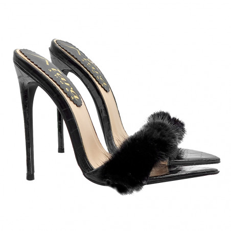 BLACK POINTED SANDALS WITH FUR