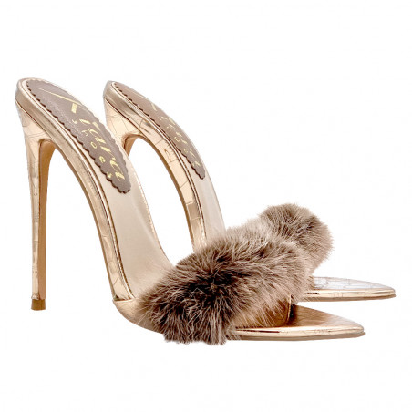 CHAMPAGNE POINTED SANDALS WITH FUR