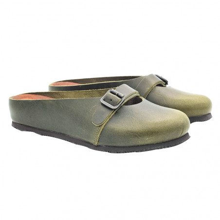 OLIVE GREEN LEATHER FLAT SANDALS WITH ADJUSTABLE BUCKLE