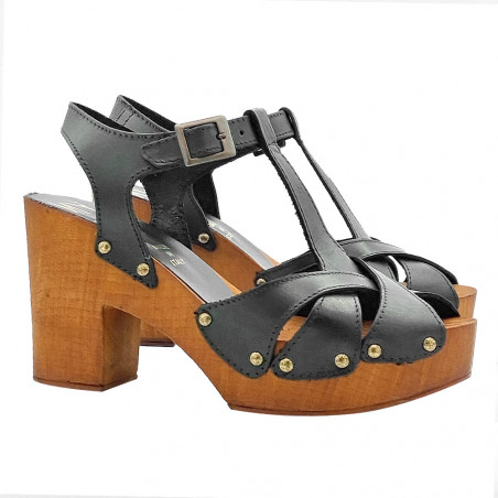 BLACK LEATHER SANDALS WITH CROSSED BANDS HEEL 9