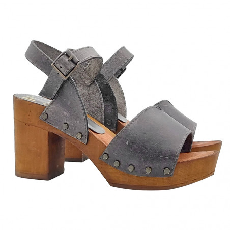 SMOKE GRAY SANDALS WITH WIDE HEEL AND STRAP