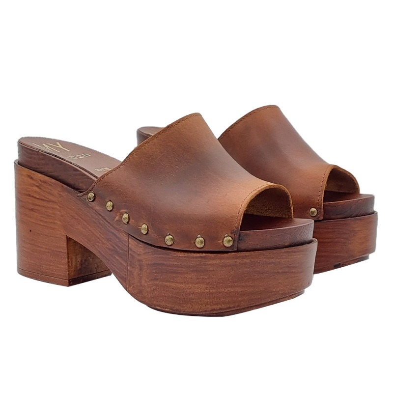 Made in Italy High clogs in brown leather with 9.5 cm heel MY1765 CUOIO Schoenen damesschoenen Klompen & Muilen 