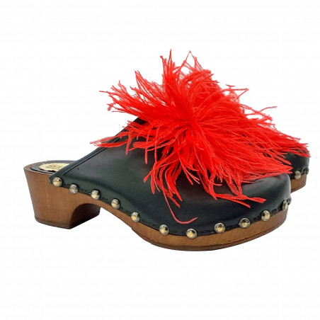 COMFORTABLE SWEDISH CLOGS WITH RED FEATHERS