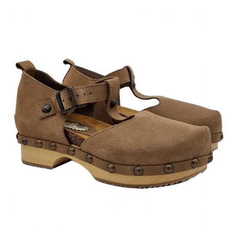 CLOGS IN TAUPE SUEDE WITH 5,5 CM HEEL