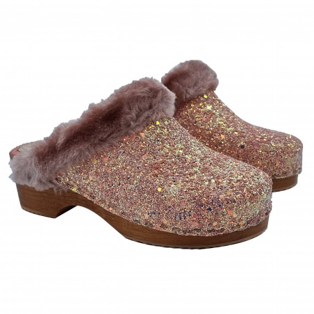 GIRLS' PINK GLITTER CLOGS WITH COMFORTABLE HEEL