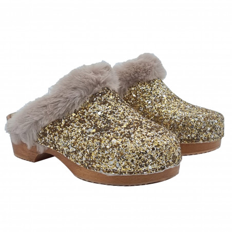 GIRLS' GOLD GLITTER CLOGS WITH COMFORTABLE HEEL
