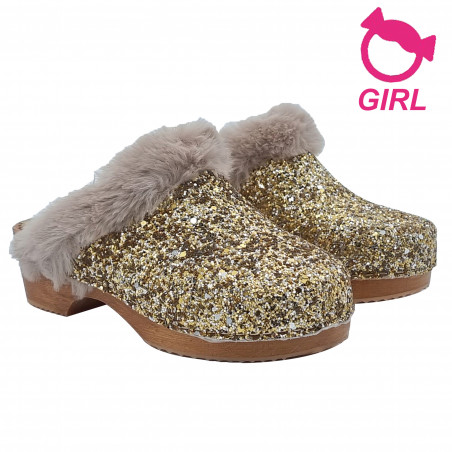 GIRLS' GOLD GLITTER CLOGS WITH COMFORTABLE HEEL
