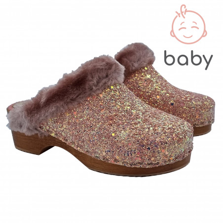 GIRLS' PINK GLITTER CLOGS WITH COMFORTABLE HEEL