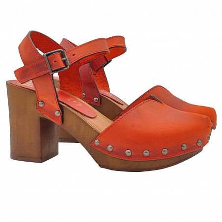 RED DUTCH SANDALS IN LEATHER WITH HEEL