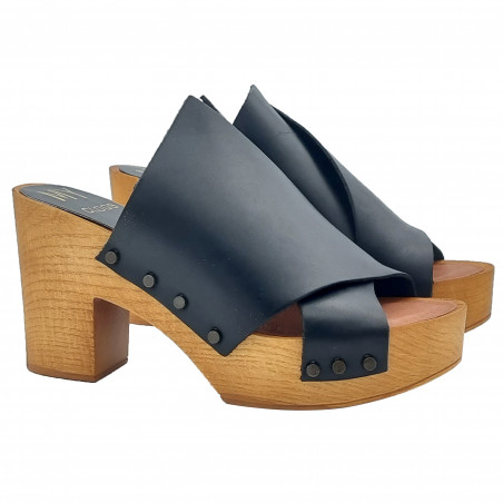 BLACK LEATHER CLOGS WITH 9 CM HEEL