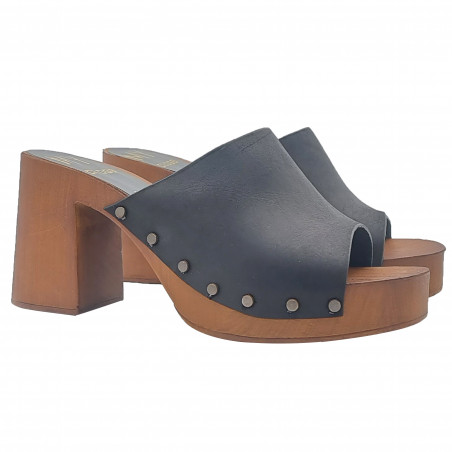 WOMEN'S BLACK LEATHER CLOGS WITH 8,5 CM HEEL