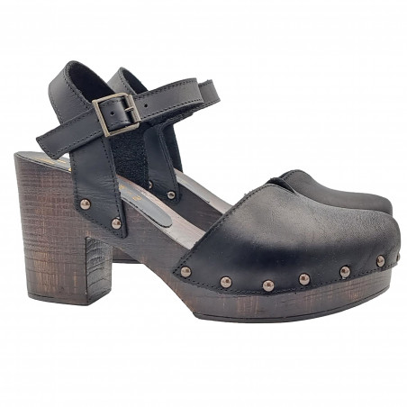 BLACK DUTCH SANDALS IN LEATHER WITH STRAP