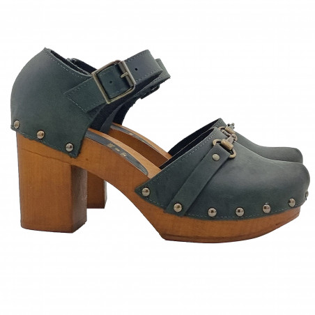 SWEDISH CLOGS IN DARK GRAY LEATHER WITH ACCESSORY