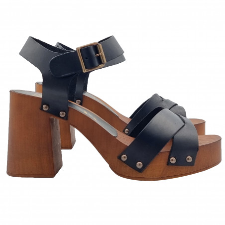 CLOGS IN BLACK LEATHER WITH CROSSED BAND AND HIGH HEEL