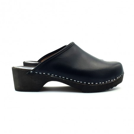 Traditional swedish clogs in real wood with black leather upper