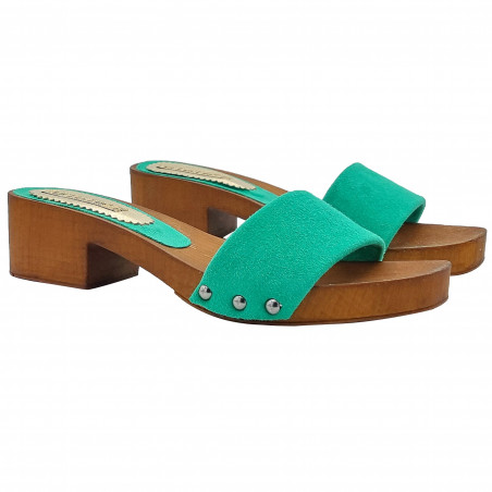 Elegant clogs with low heel and green leather band - G901 CAM VERDE