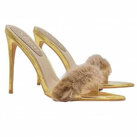 Golden pointy sandals with 12 cm heel and fur - KC14 ORO