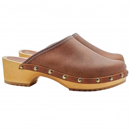 Clogs with structure in wood and upper in genuine leather - MY6422 MARRONE