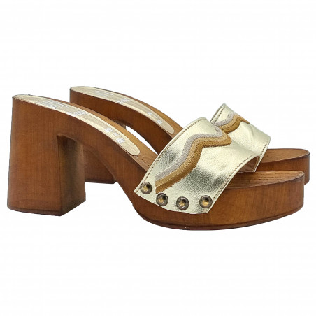 Clogs with embroidered golden leather band and comfortable wide heel - MY03610 ORO