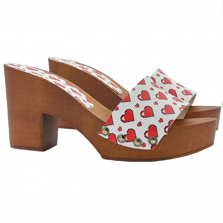 Clogs with Leather Band with Heart Print and Comfortable Heel - MY10 CUORE