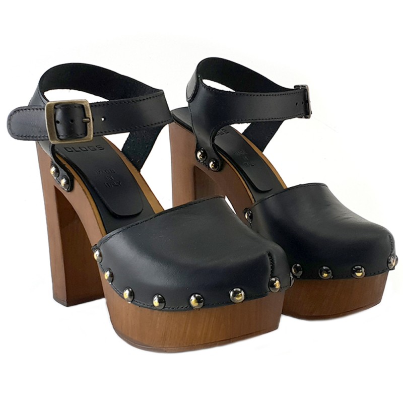 Schoenen damesschoenen Klompen & Muilen MY57346 NERO Black Swedish leather clogs with accessory Made in Italy 