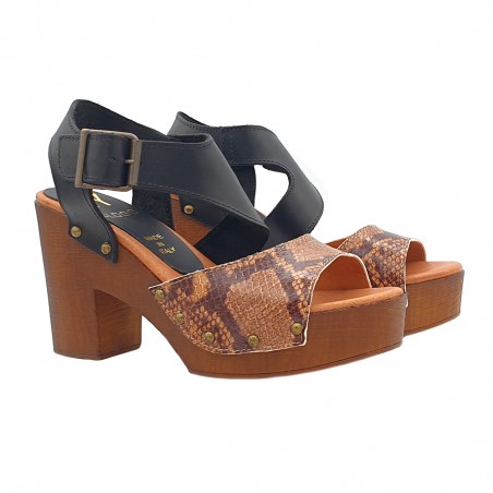 WOMEN'S CLOGS IN TWO-TONE LEATHER WITH PYTHON PRINT BAND