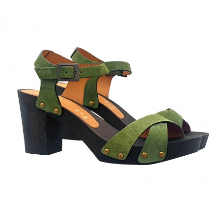 CLOGS WITH CROSSED BANDS IN GREEN SUEDE